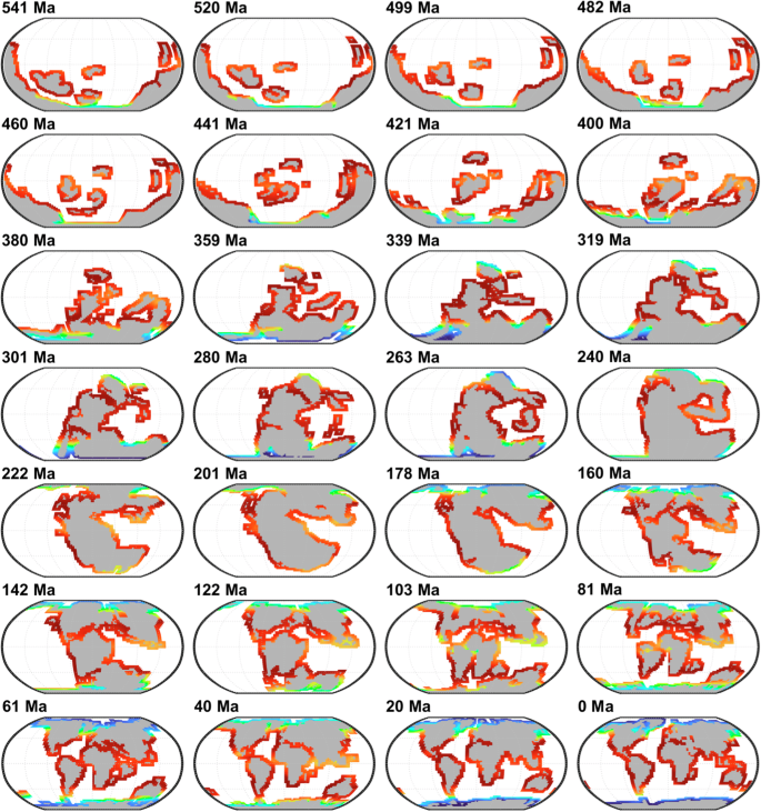 Fig. 2: Global maps of simulated marine biodiversity during the Phanerozoic.