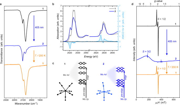 Fig. 2: Spectroscopic studies (IR, XAS/XMCD and EPR) of 1 and its photoproduct, 2.