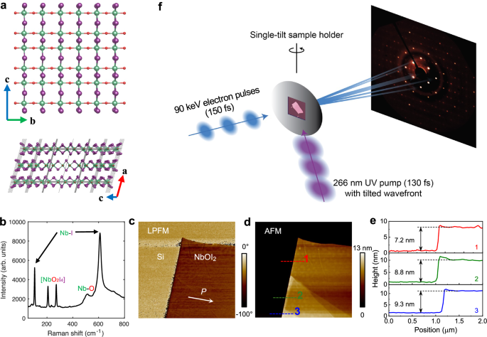 Fig. 1: NbOI2 sample characterization and an overview of the experiment scheme.