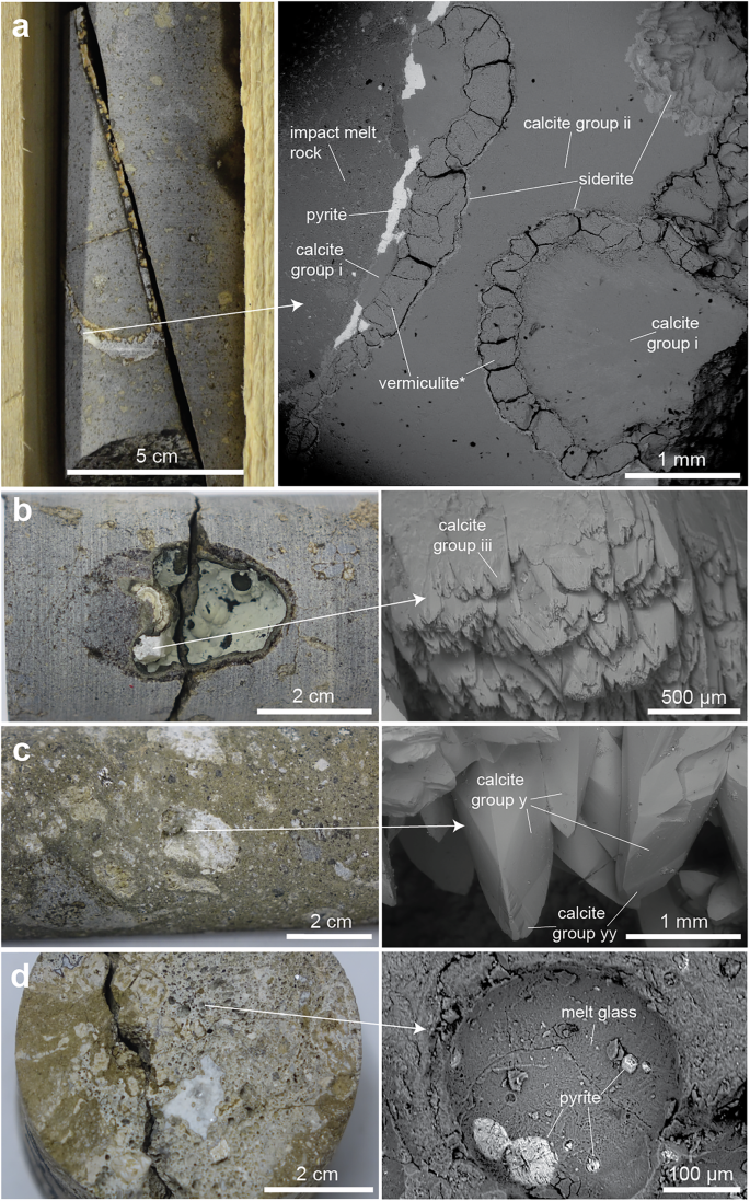 Fig. 2: Calcite and pyrite crystals in cavities within impact melt rock and impact melt-bearing breccia.