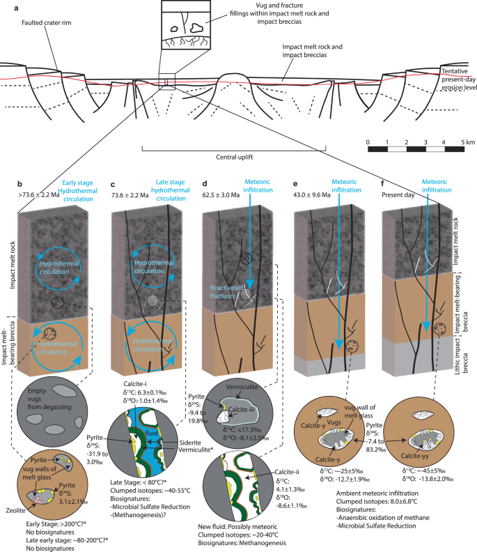 Fig. 8: Schematic post-impact evolution and microbial colonization of impactites in the Lappajärvi impact structure.