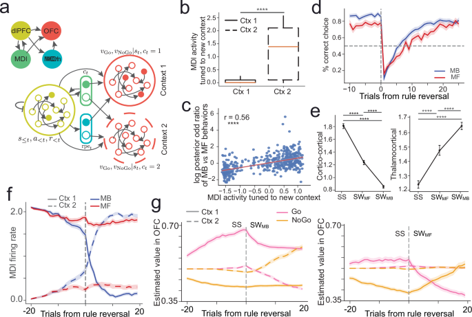 Fig. 7: CogLink model reveals the roles of thalamocortical connections for reinforcement learning during strategy switching and underlying circuit computations.