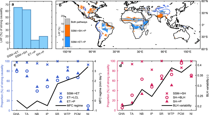 Fig. 2: Strong causality of sub-processes by which boreal warm-season surface soil moisture (SSM) affects precipitation (P) based on ERA5 reanalysis.