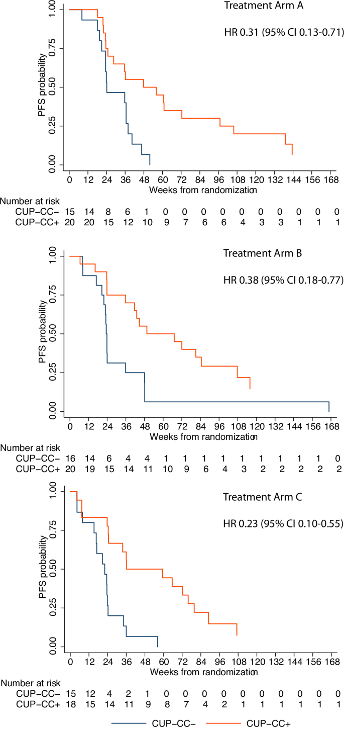 Fig. 5: Progression-free survival by treatment arms and CUP-CC status.
