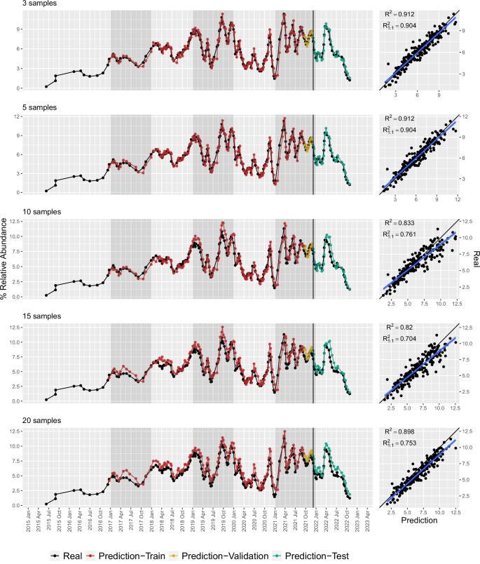 Fig. 7: Examples of model performance on the time series of ASV2 (Ca. Microthrix parvicella) for different numbers of predicted samples in the future.