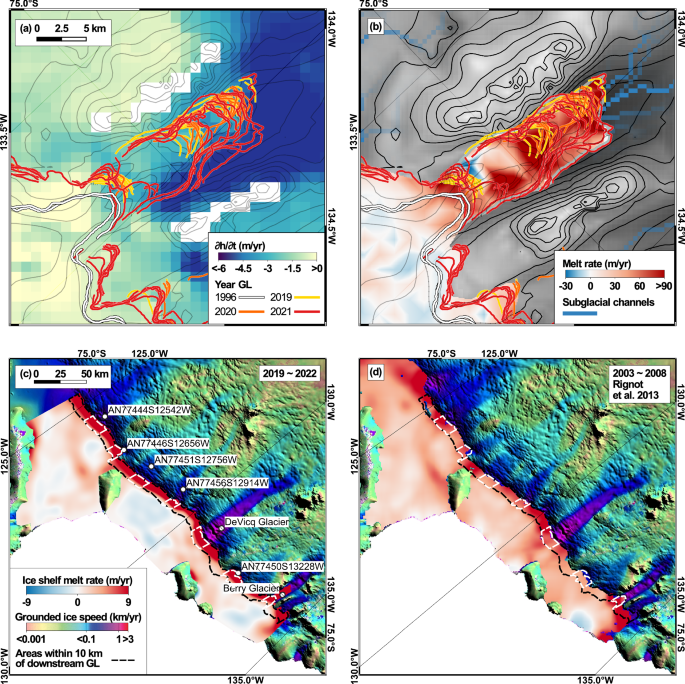 Fig. 6: Rate of change in surface elevation, ∂h/∂t, and basal melt rate, 
                        
                          
                        
                        $$\dot{b}$$
                        
                          
                            
                              b
                            
                            
                              °
                            
                          
                        
                      , of Berry Glacier, West Antarctica from Jan 1, 2019 to Dec 31, 2022.