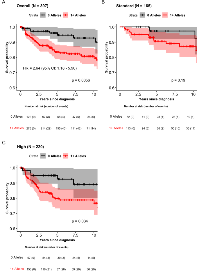 Fig. 5: Overall survival after B-ALL diagnosis by novel risk allele carrier status among African American children in Children’s Oncology Group (COG) clinical trials.