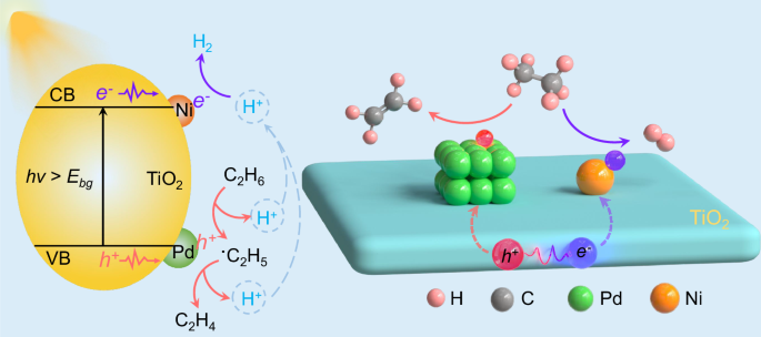 Fig. 1: Design principle of dual metal sites modified semiconductor photocatalysts for solar alkene production.