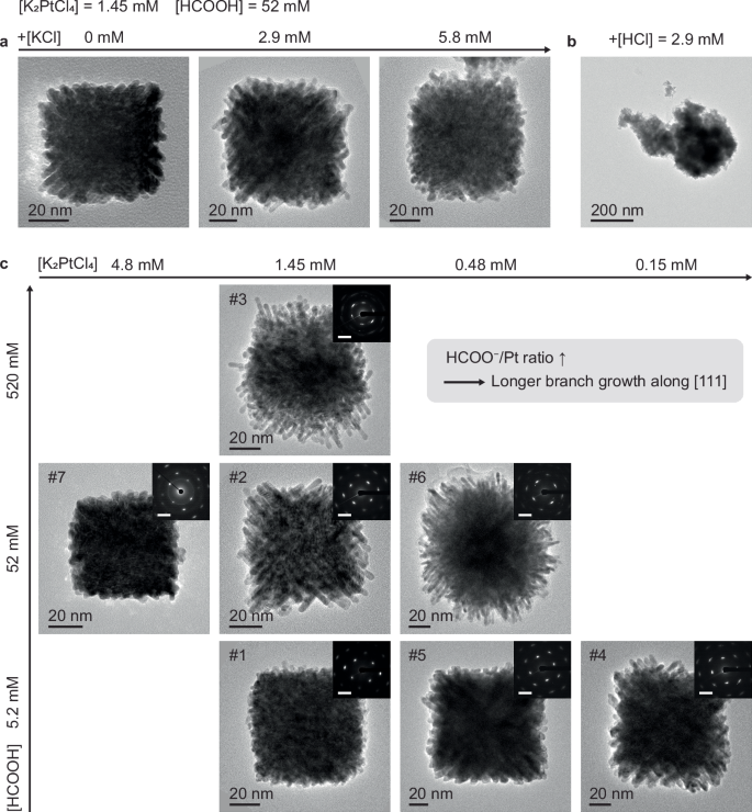 Fig. 4: Effect of ionic additives and precursor concentrations on the shape of branched cubic Pt mesocrystals.