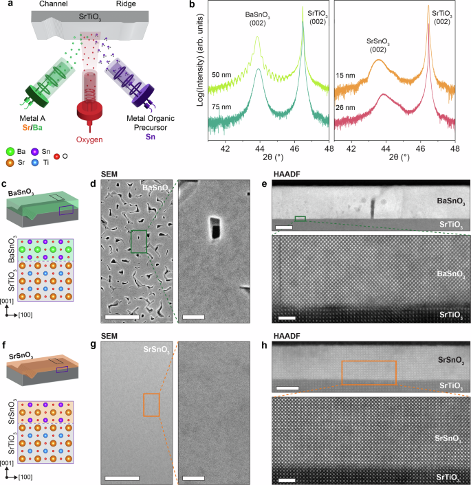 Fig. 3: Growth of perovskite BaSnO3 and SrSnO3 thin films on patterned (001) SrTiO3 substrates.