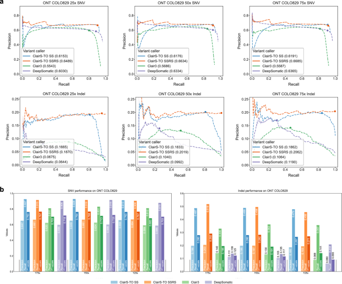 Fig. 2: Performance at different sequencing coverages using ONT COLO829.