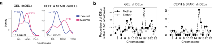 Fig. 5: Size and genomic distribution of dnDELs according to parent of origin.