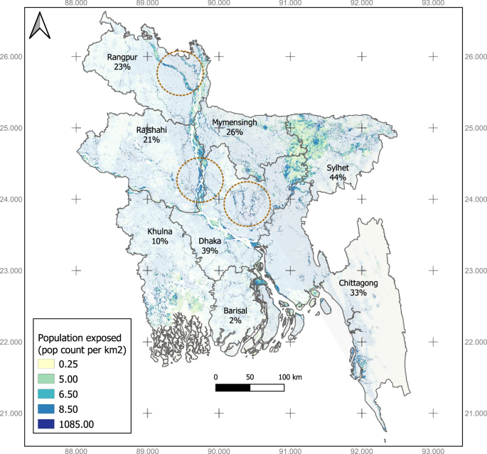 Fig. 2: Spatial distribution of population exposed to hydrogeomorphic hazards in Bangladesh.