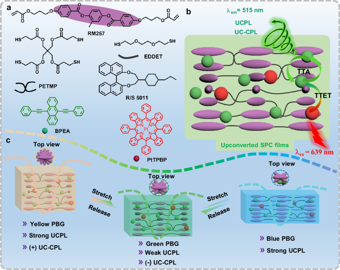 Fig. 1: The composition and basic properties of upconverted stretchable photonic crystal (SPC) films.