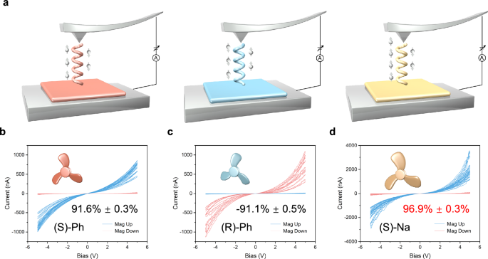Fig. 4: Spin polarization of chiral 2D c-MOFs with prominent spin filter properties.