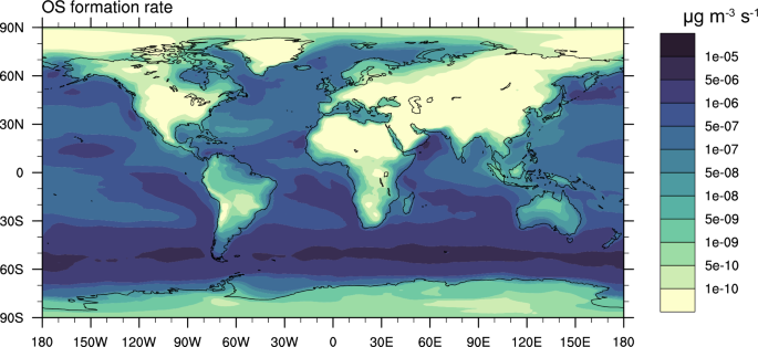 Fig. 4: Global distribution of organosulfate (OS) production rate (µg m−3 s−1) from the droplet surface oxidation process averaged within the boundary layer for the year 2019.