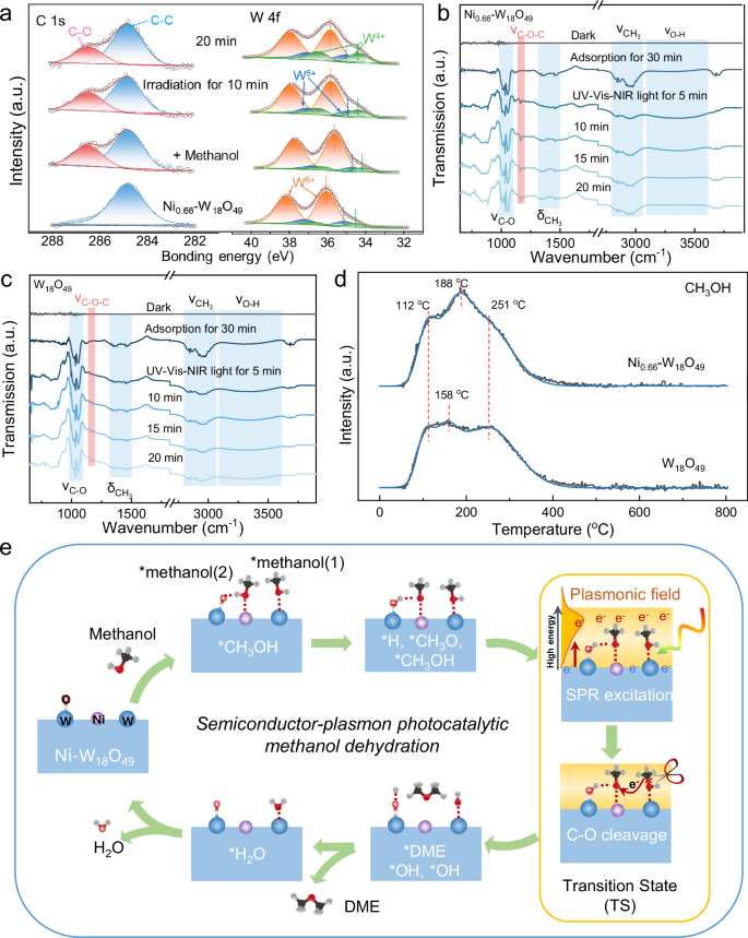 Fig. 6: In situ spectroscopy analysis and photocatalytic methanol dehydration mechanism.