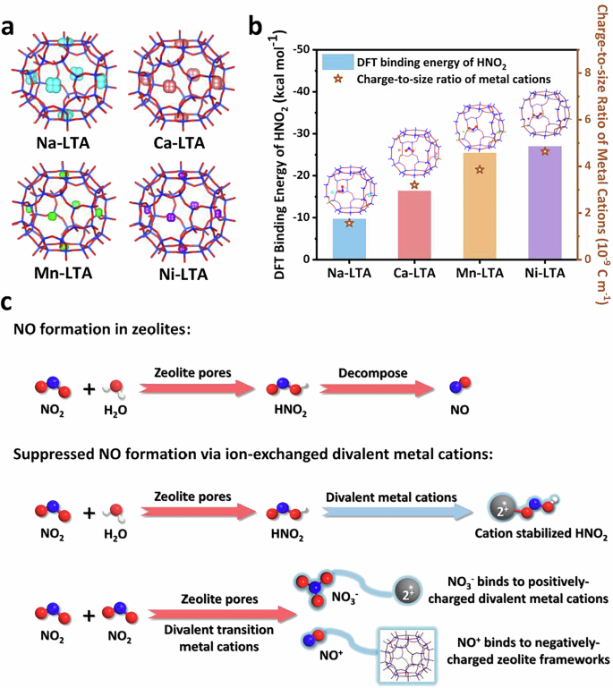 Fig. 5: Mechanistic investigation of suppressed NO formation in zeolites via ion‑exchanged divalent metal cations.