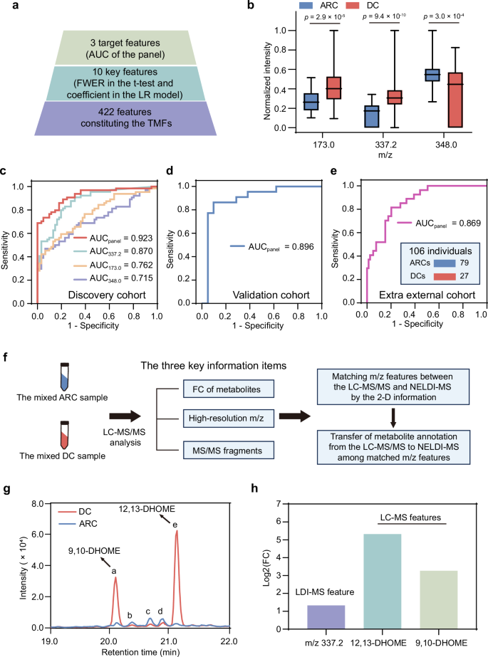 Fig. 4: Feature selection and metabolite annotation for the DC diagnostic panel from TMFs.