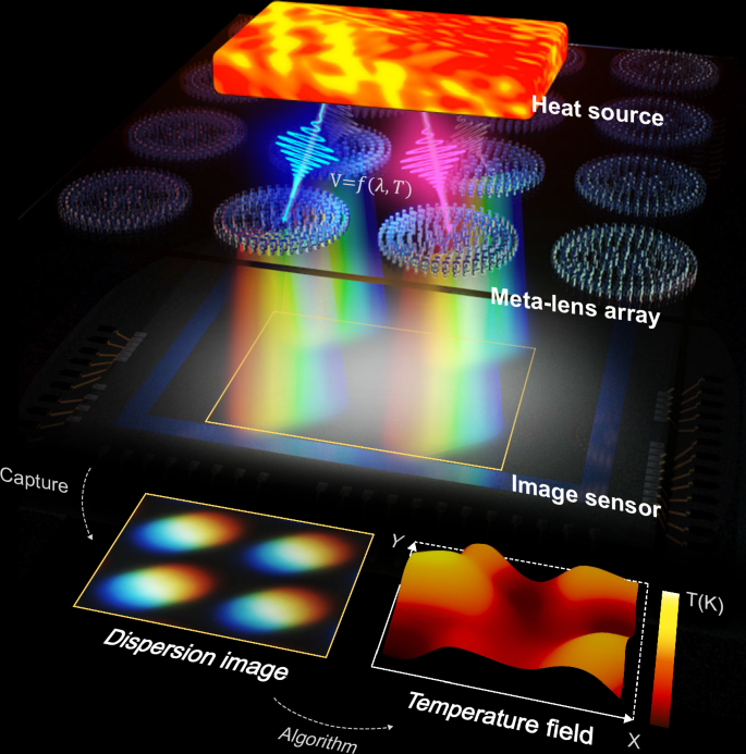Fig. 1: Concept of the dispersive meta-lens thermometry.