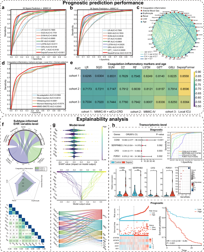 Fig. 2: Prognostic prediction performance of SepsisFormer and explainability analysis.
