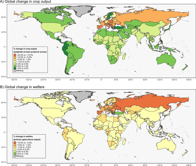 Fig. 3: Global propagation of productivity shocks from a European wild pollinator collapse.