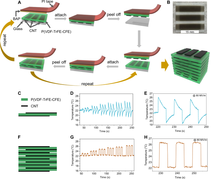 Fig. 1: Fabrication diagram of multilayer stack and electrocaloric effect.
