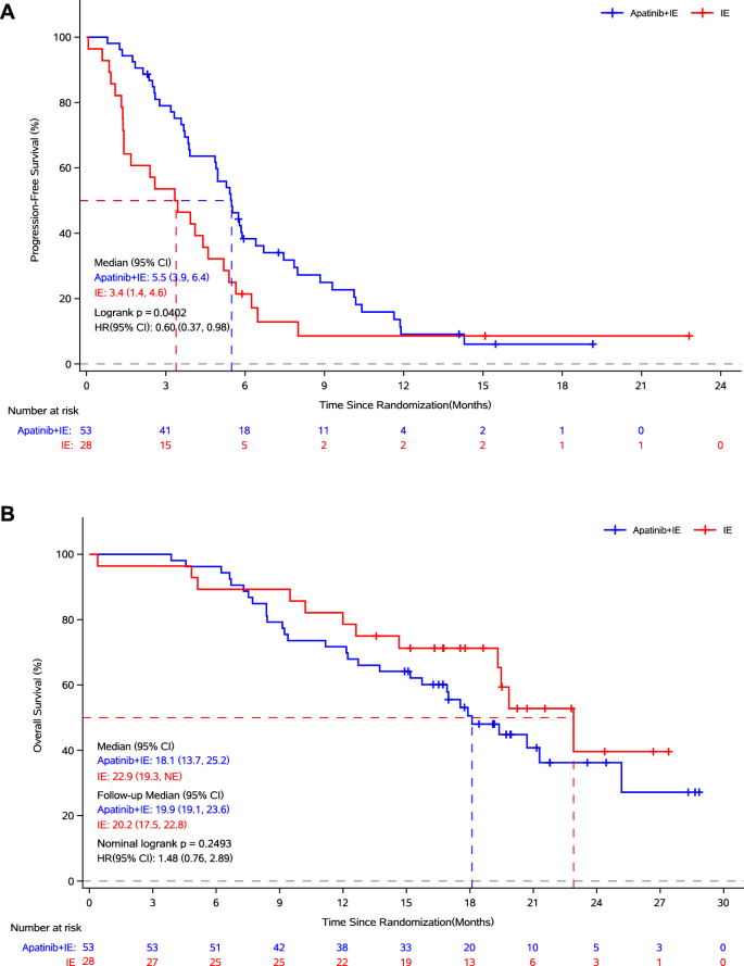 Fig. 3: The Kaplan-Meier curves for survival in both groups at investigators’ evaluation.
