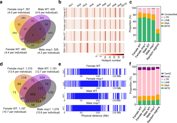 Fig. 5: Crossover (CO) hotspots are enriched near MITEs and coldspots are associated with LTR retrotransposons.