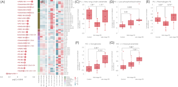 Fig. 4: Lipids in the cerebellum, frontal cortex and cerebellum in mid-stage and late-stage PD change with disease progression.