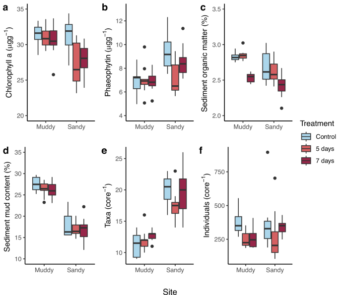 Fig. 1: Sediment and macrofaunal community characteristics in control and heatwave treatment plots at each site.