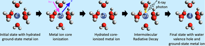Fig. 1: Schematic illustration of the Intermolecular Radiative Decay (IRD) process for a solvated Mq ion.