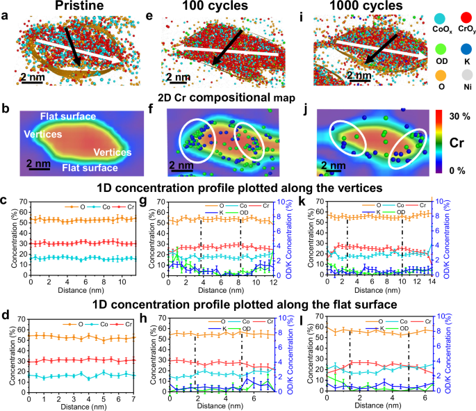 Fig. 6: 3D-APT reconstruction of CoCr2O4 nanoparticle showing the compositional evolution during OER.