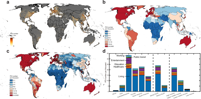 Fig. 1: Global distribution of point of interests (POIs) measuring six critical infrastructures in resident living services and amenities.