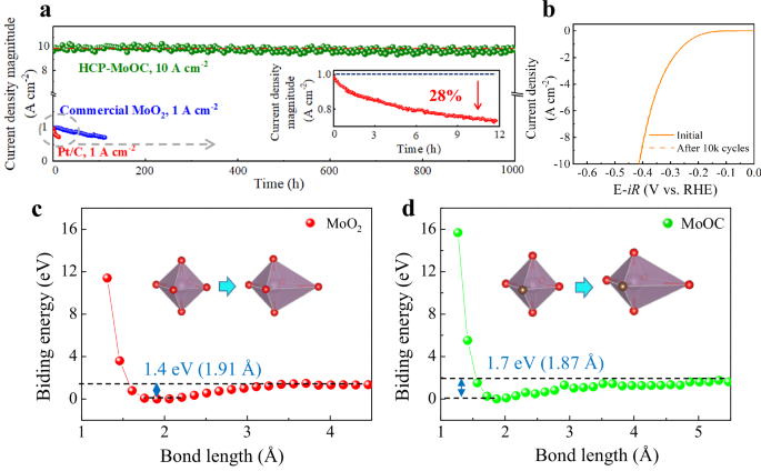 Fig. 5: Durability performance of MoOxCy and the underlying mechanism.