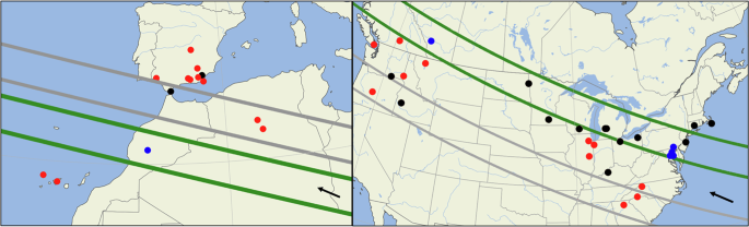 Fig. 1: Maps showing the locations of the observatories involved in the observing campaigns on April 6th (left) and 16th (right).