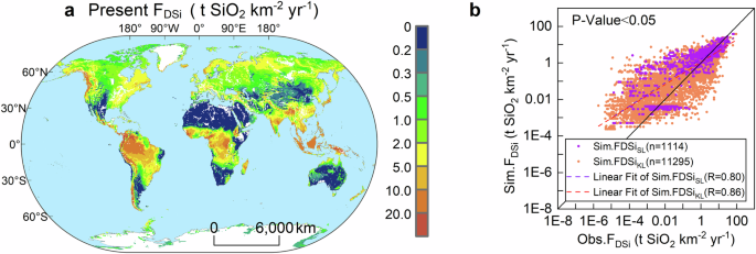 Fig. 1: Spatial distribution and comparison of the simulated global dissolved silica fluxes (FDSi) in the present period.