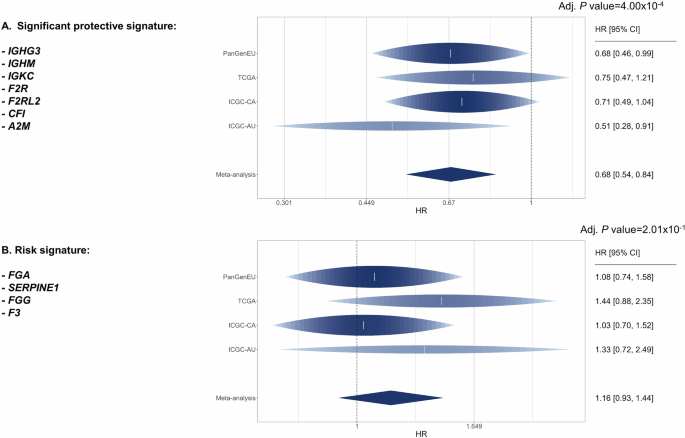 Fig. 3: Forest plots from the meta-analysis of complement system-related genes illustrate the protective signature that includes genes linked to improved overall survival, as analyzed in the PanGenEU, TCGA, ICGC-CA, and ICGC-AU databases (Fig. 3A).