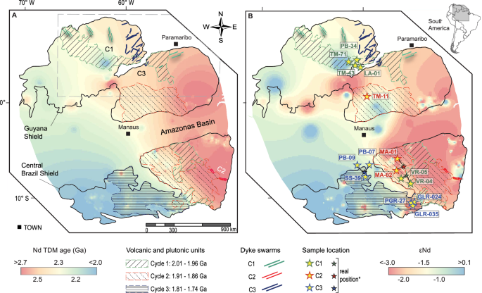 Fig. 2: Contour maps illustrating interpolated Nd isotope data and the distribution of silicic LIPs across the Amazon Craton.