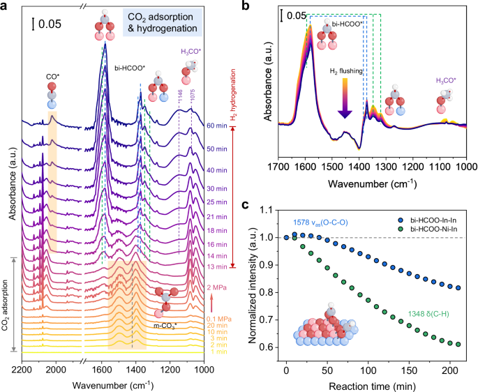 Fig. 5: Identifying active sites and reaction mechanisms of Ni3InC0.5 carbide catalyst.