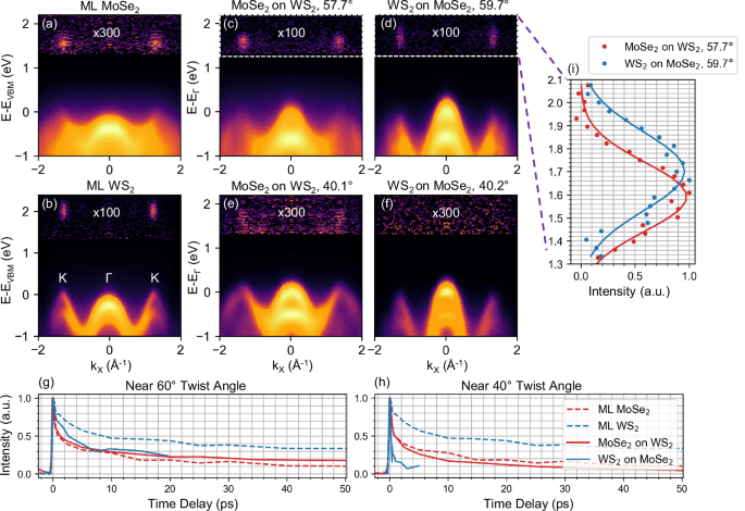 Fig. 5: Tr-ARPES of monolayer WS2(ML WS2), monolayer MoSe2 (ML MoSe2), and twisted heterobilayers.