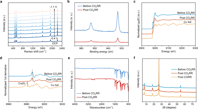 Fig. 4: Characterizations of OMe-PhCu electrodes before and post CO2RR.