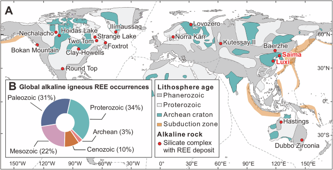 Fig. 1: The global distribution and temporal occurrence of alkaline igneous REE deposits.
