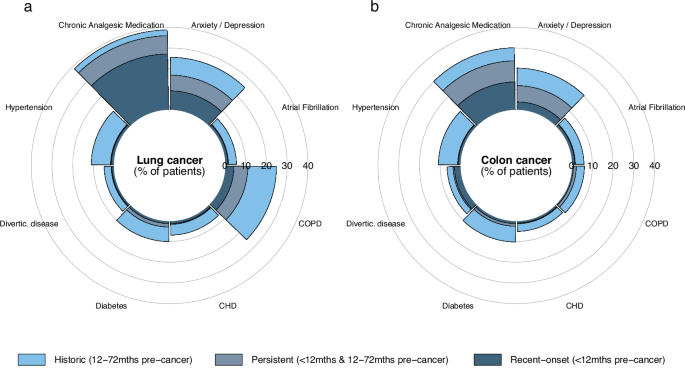 Fig. 1: Percentage (%) of lung and colon cancer patients with the top eight most prevalent conditions, by duration of condition.