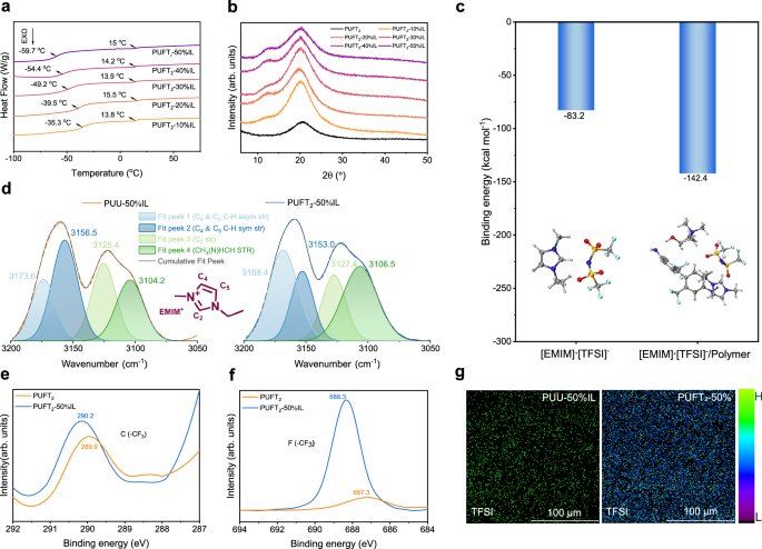Fig. 2: Polymer characterizations and fluorine–cation interaction verification.