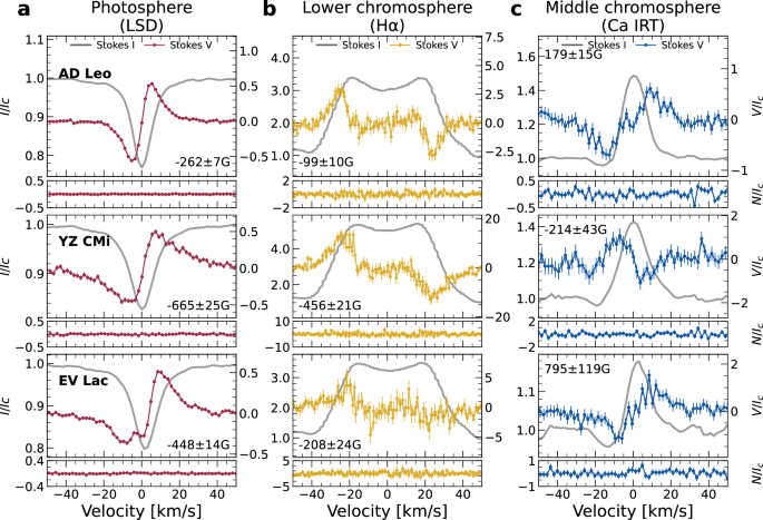 Fig. 1: Examples of spectropolarimetric spectral lines of three stars.