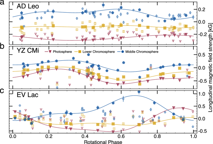 Fig. 2: Phase-folded mean longitudinal magnetic field strengths in the photospheres and chromospheres.