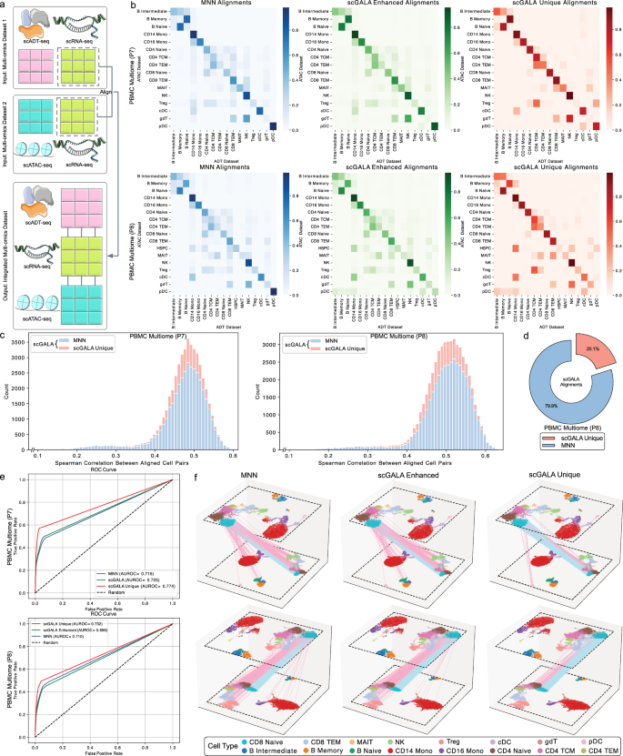 Fig. 4: scGALA Unifies Multi-omics Datasets Through Enhanced Cell Alignment Beyond Conventional Matches.