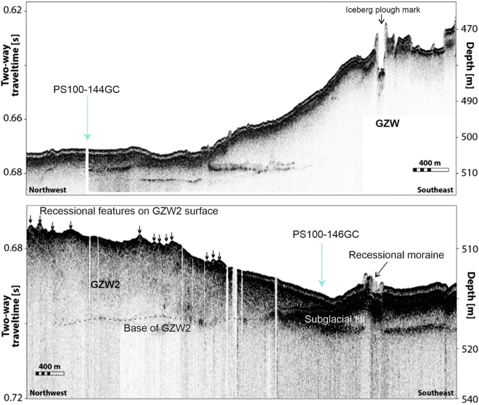 Fig. 2: Sub-bottom profiler data across the the two core locations 144GC and 146GC.