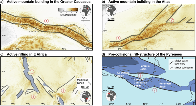 Fig. 1: Plan-view structure of two mountain belts and two extensional systems on Earth.